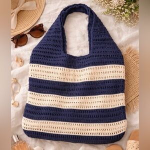 Navy and White Crochet Tote Bag